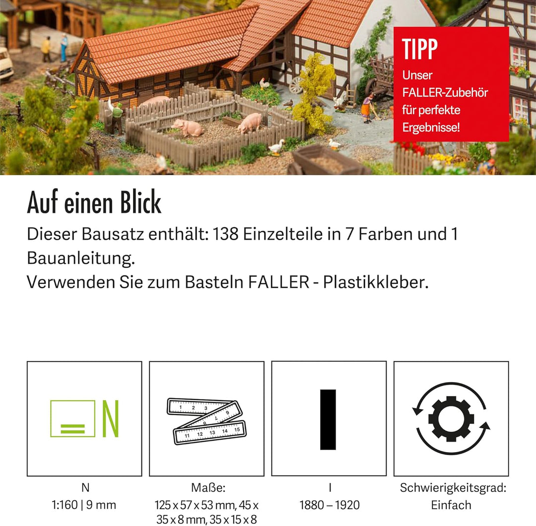 FALLER Landwirtschaftliches Gebäude mit Zubehör Modellbausatz mit 138 Einzelteilen 125 x 57 x 53mm I