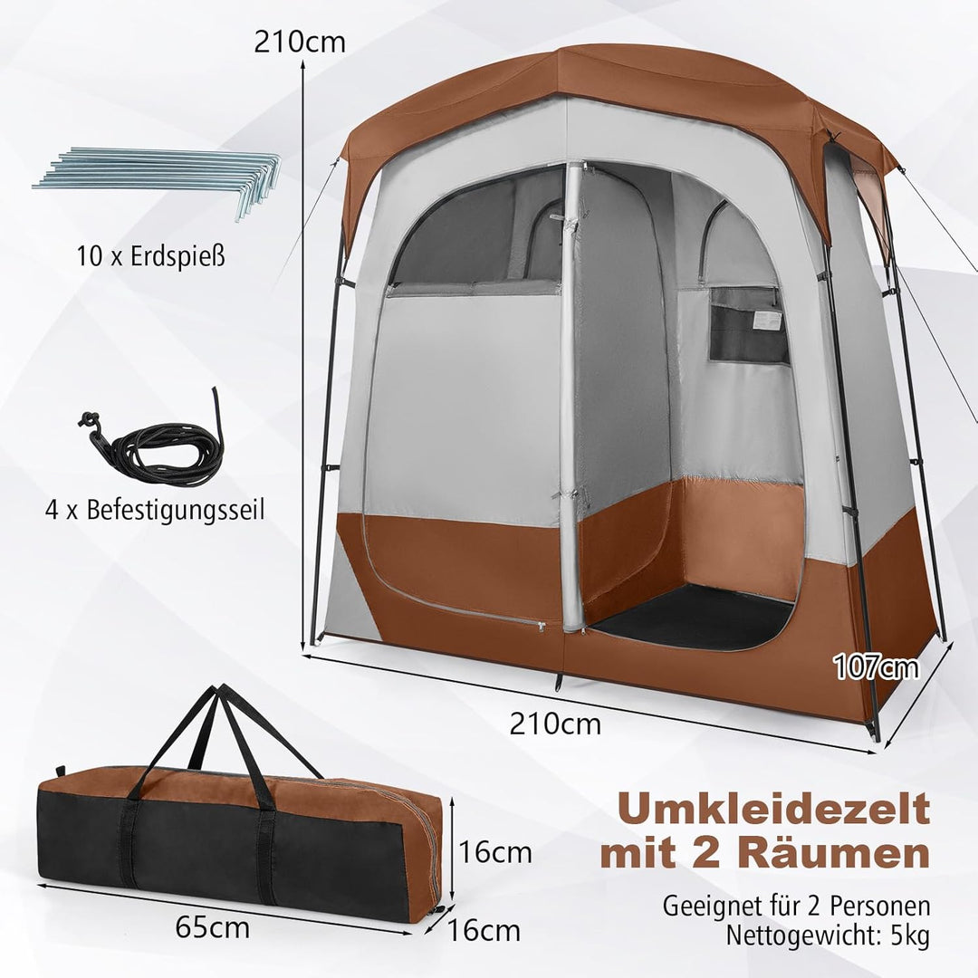 COSTWAY Duschzelt mit 2 Räumen, Umkleidezelt mit abnehmbarem Regenschutz, Innentasche, Wäscheleine &amp;