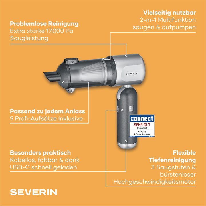 Severin 3-in-1 Akku-Handstaubsauger, Luftbläser & Aufpumper, Staubgebläse, für Luftmatratzen, Auto,