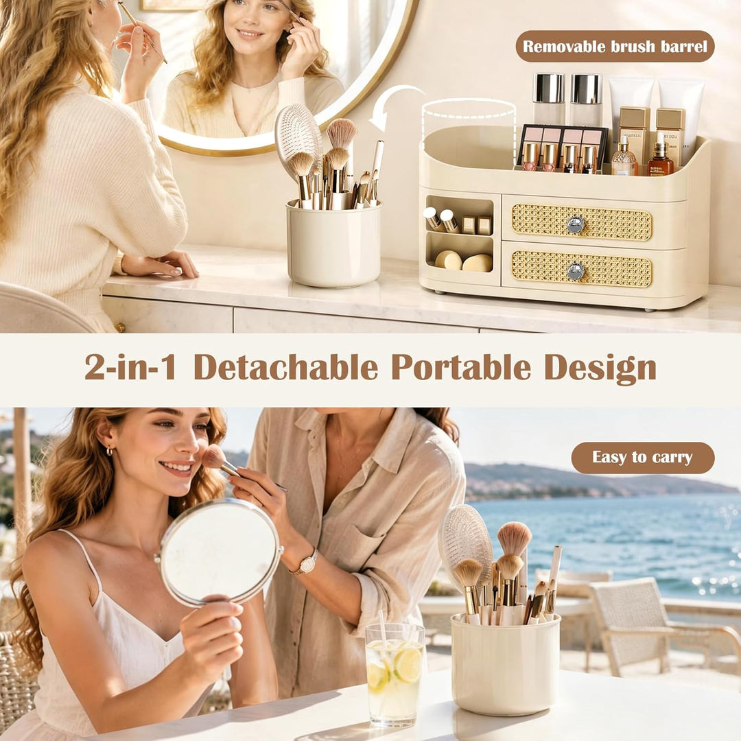 Make Up Organizer mit 360° Drehbar Abnehmbar Pinselhalter - Schminktisch Organiser Kosmetik Box mit