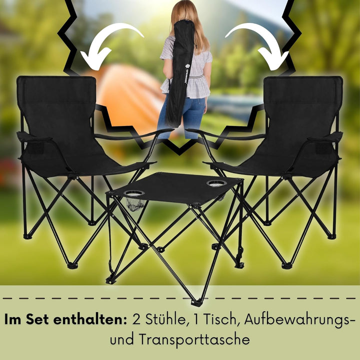 SPRINGOS Campingtisch mit Zwei Klappstühlen Freizeitmöbel Camping-Set 3-TLG. Schwarz, Set 3-tlg, Sch