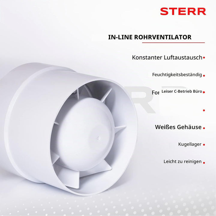 STERR IDM100 Rohrventilator 100 mm - Rohrlüfter - Hohe Qualität - Leise - Für Bad WC - Küche - Gewäc