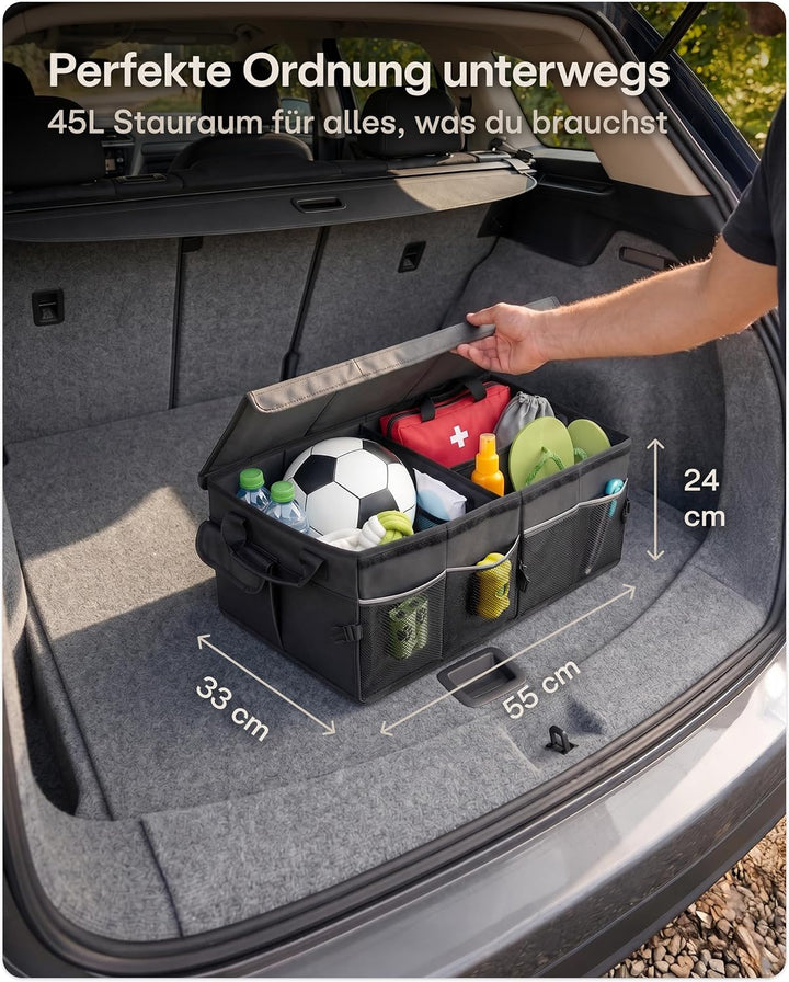 Praknu 45L Auto Kofferraum Organizer Faltbar mit Deckel – auf 20 L anpassbar – 3 Fächer mit 11 Tasch