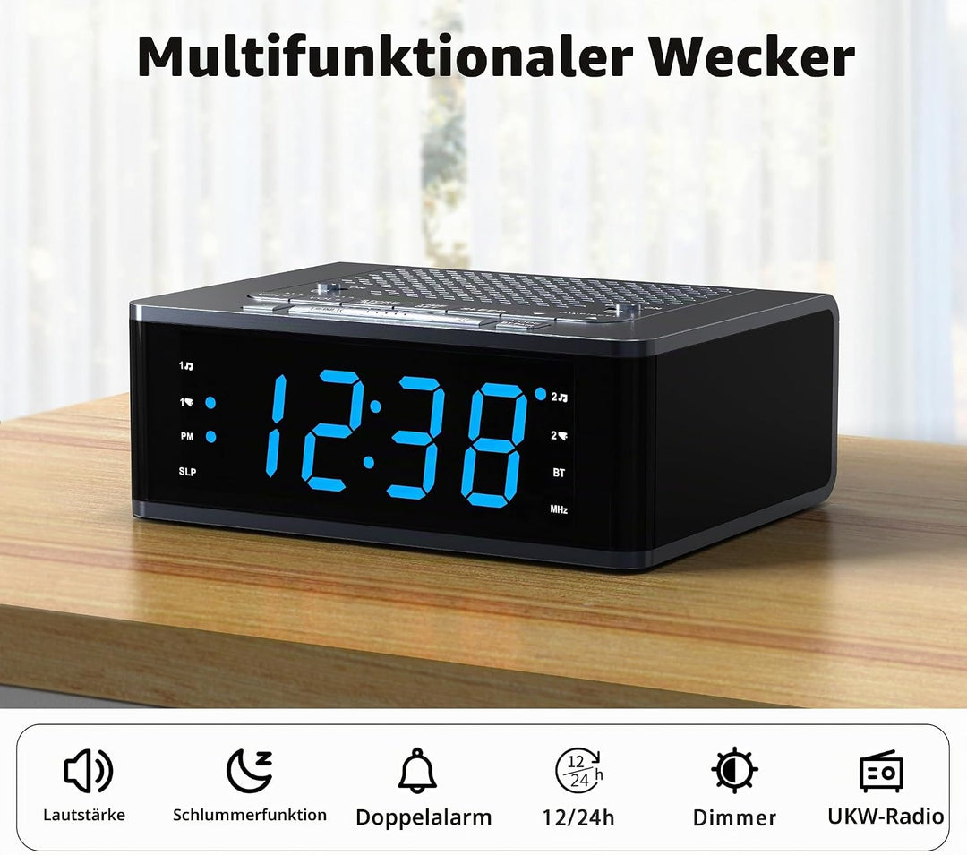 iTOMA Wecker für Schlafzimmer mit FM Radio, Bluetooth, Dimmbare LED Anzeige, Schlaf Timer, Einstellb