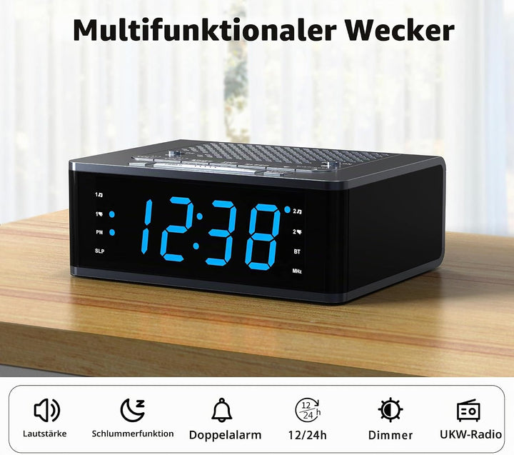 iTOMA Wecker für Schlafzimmer mit FM Radio, Bluetooth, Dimmbare LED Anzeige, Schlaf Timer, Einstellb