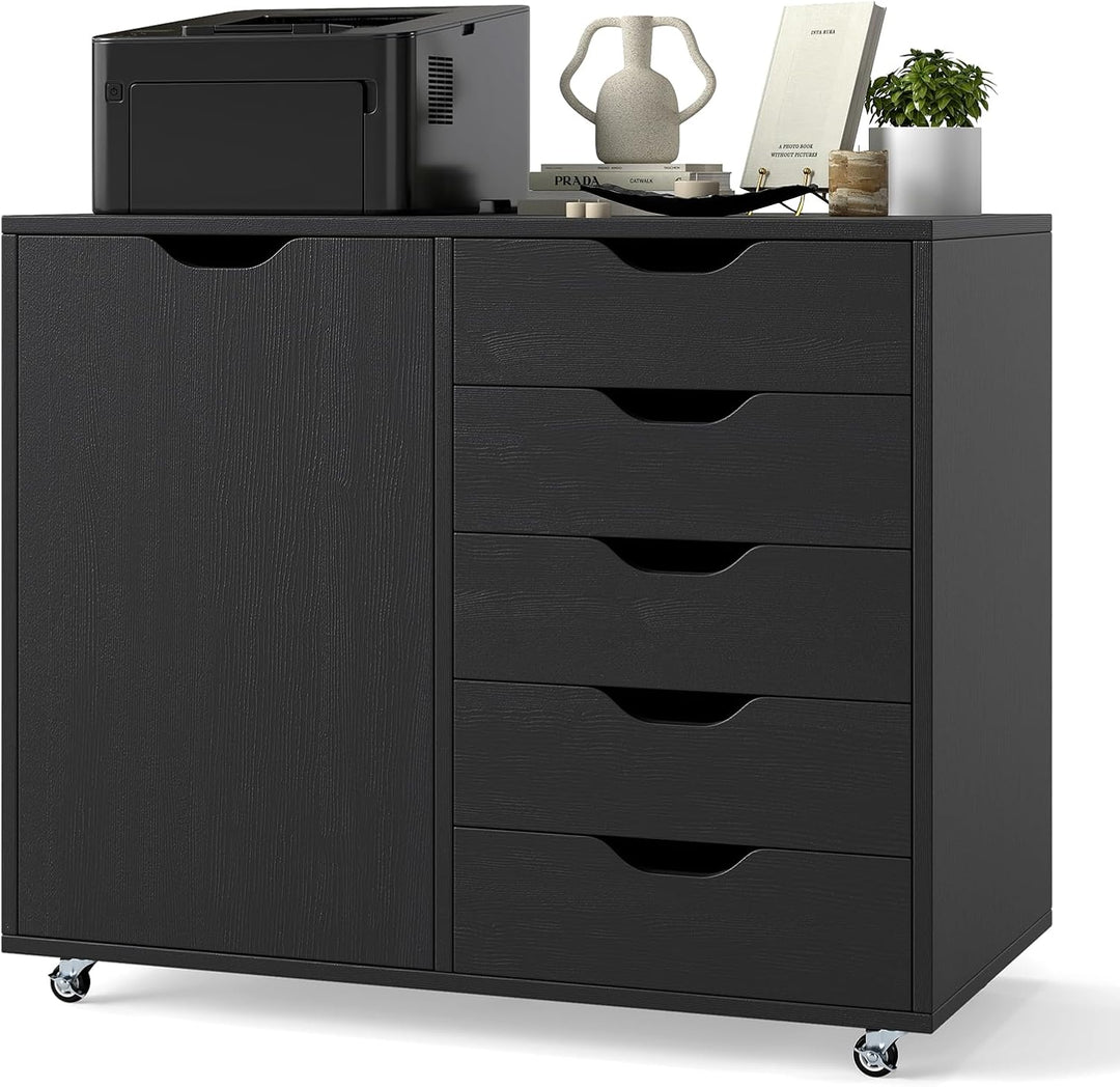 GIANTEX Rollcontainer mit 5 Schubladen & Schrank, Aktenschrank mit Rollen, Schubladenschrank Holz un