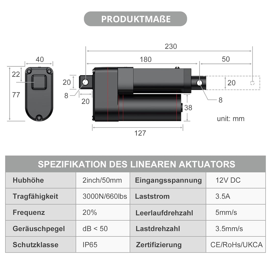 Justech Linear Actuator 50mm Linearantrieb 3000N/660LBS IP65 5mm/s Motor Lineartechnik Aktuatoren Li