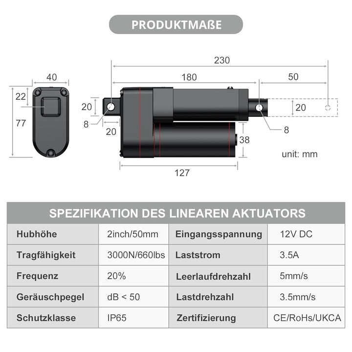 Justech Linear Actuator 50mm Linearantrieb 3000N/660LBS IP65 5mm/s Motor Lineartechnik Aktuatoren Li