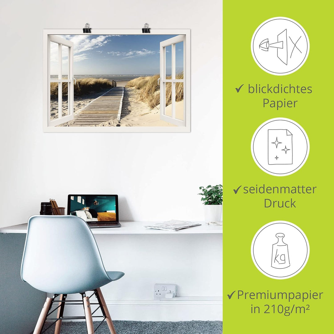 ARTland Poster Kunstdruck Wandposter Bild ohne Rahmen 100x70 cm Fensterblick Fenster Strand Meer Mar
