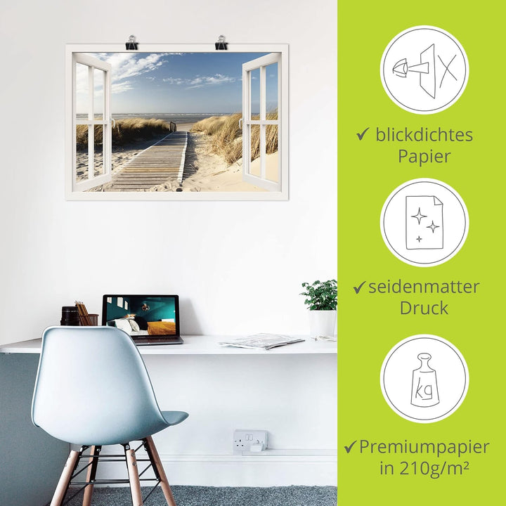 ARTland Poster Kunstdruck Wandposter Bild ohne Rahmen 100x70 cm Fensterblick Fenster Strand Meer Mar