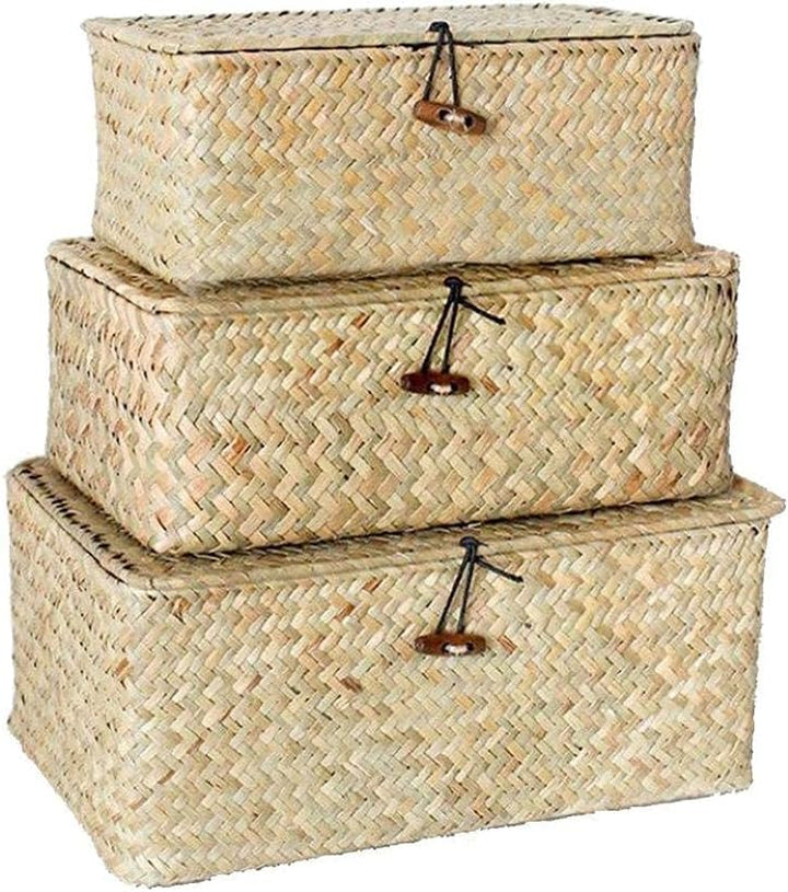 YSGLIFE Set mit 3 Seegras Gewebt Rattan Rechteckiger Ablagekorb Aufbewahrungsbox mit Deckel Mehrzwec