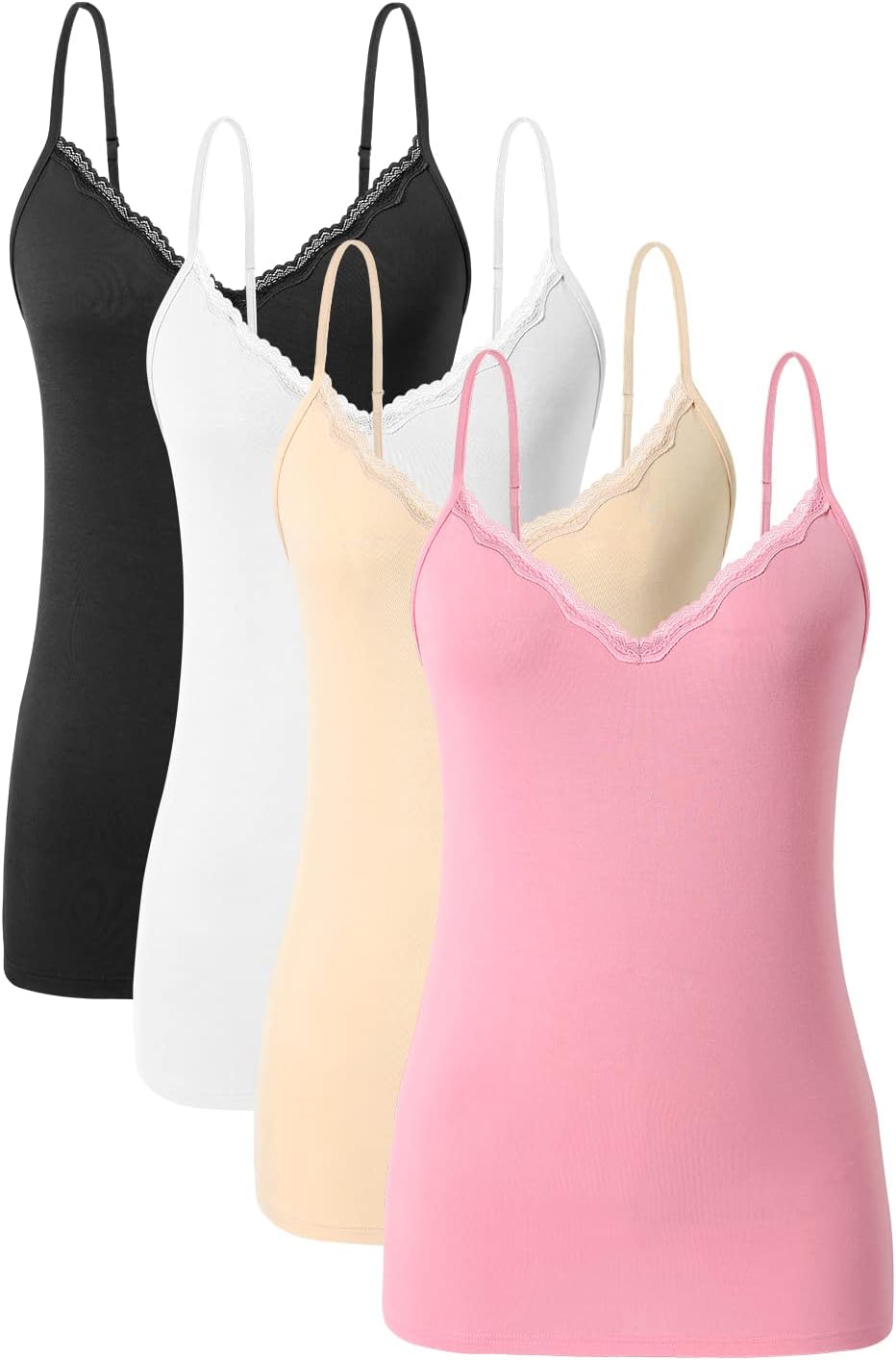 Damen Tanktop mit Spitzen Unterhemd Spaghettiträger Basic Top V-Ausschnitt Verstellbare Trägertop 4e