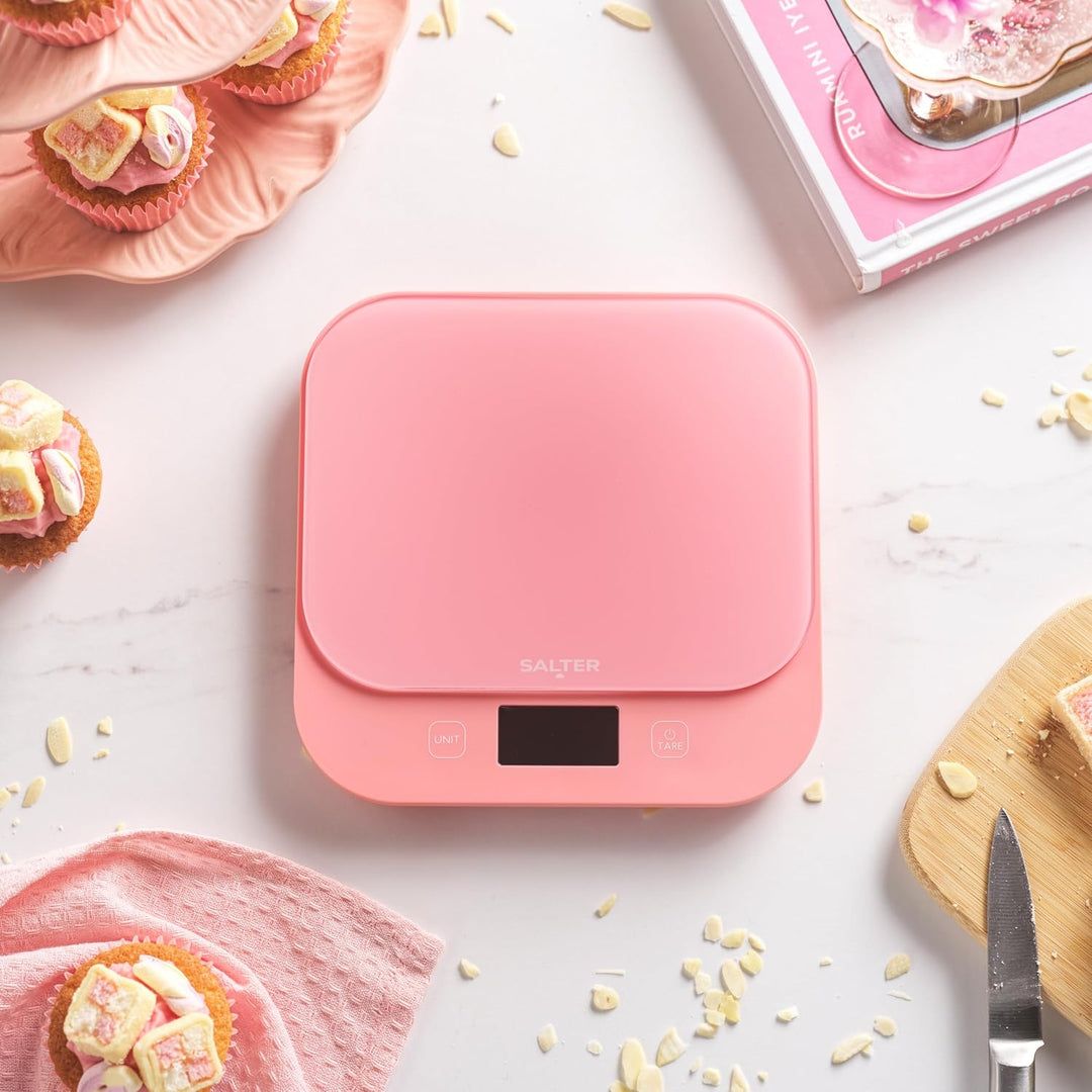 Salter British Bakes Digitale Küchenwaage – Pinke Backwaage mit hoher 10-kg-Kapazität, misst Flüssig