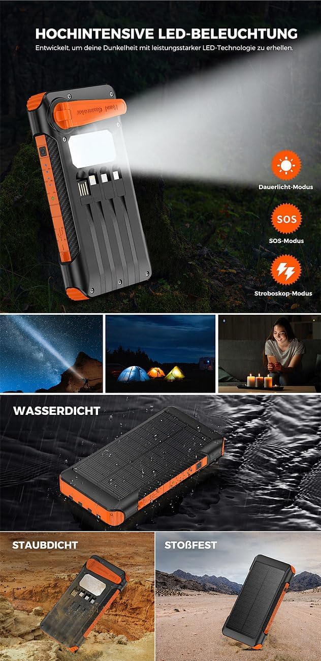 revolt Handkurbel-Powerbank: Kurbel-Dynamo-Solar-Powerbank, 10.000 mAh, USB-C PD bis 20 W, LED (Hand