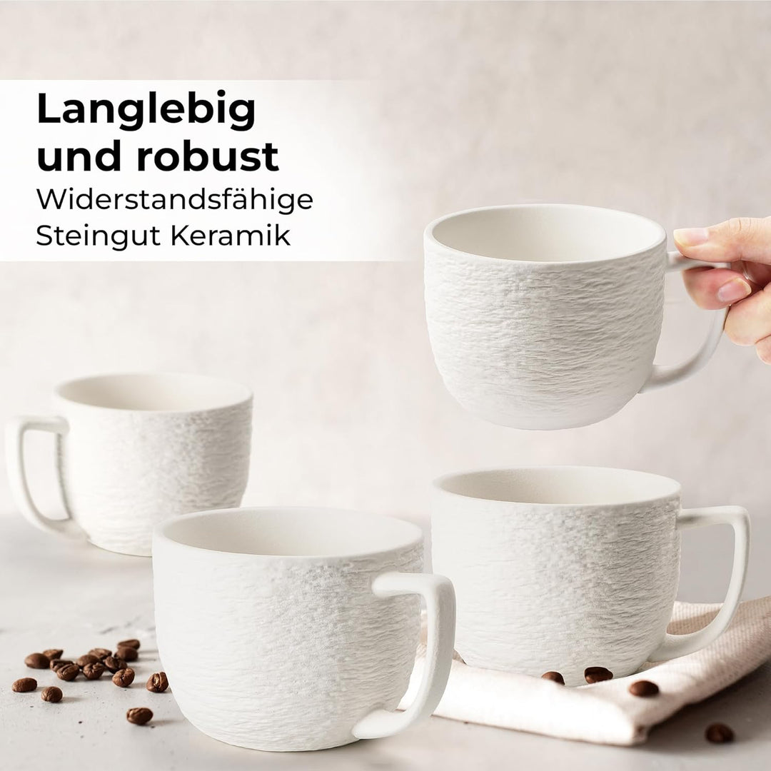 MIAMIO - Kaffee Tassen Set 4er / weisse Kaffeebecher 450 ml/Tasse für Kaffee, Latte Macchiato, Tee,