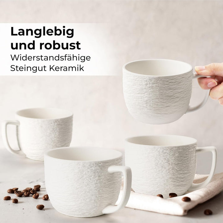 MIAMIO - Kaffee Tassen Set 4er / weisse Kaffeebecher 450 ml/Tasse für Kaffee, Latte Macchiato, Tee,