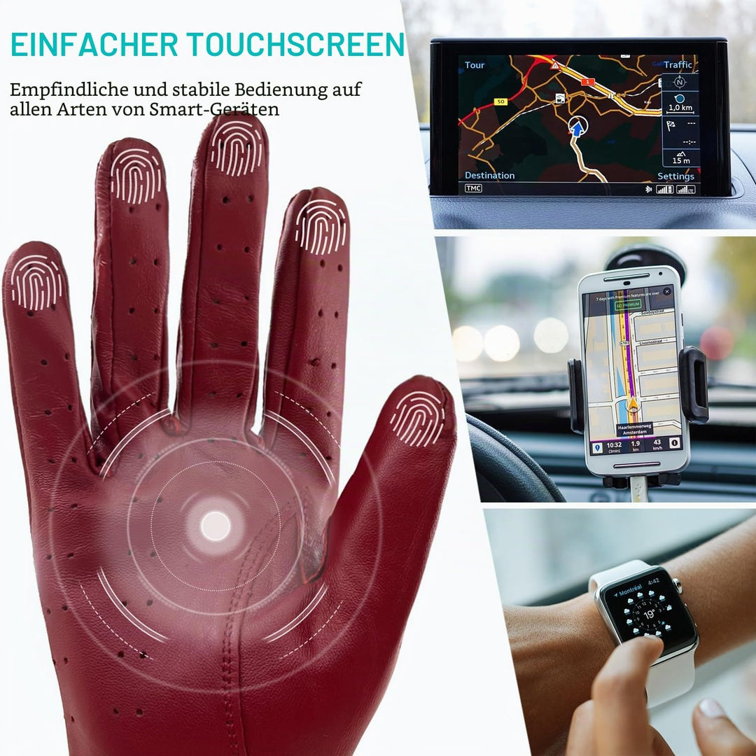 ZLUXURQ Damen Retro Weiche nd Dünne Lammfell Leder Touchscreen Fahrhandschuhe mit Maschige Medium(16