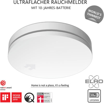 ELRO FS4610 Ultraflacher Rauchmelder mit 10 Jahre Batterie und Garantie - 23mm - STIWA 'Gut' & Q-Lab