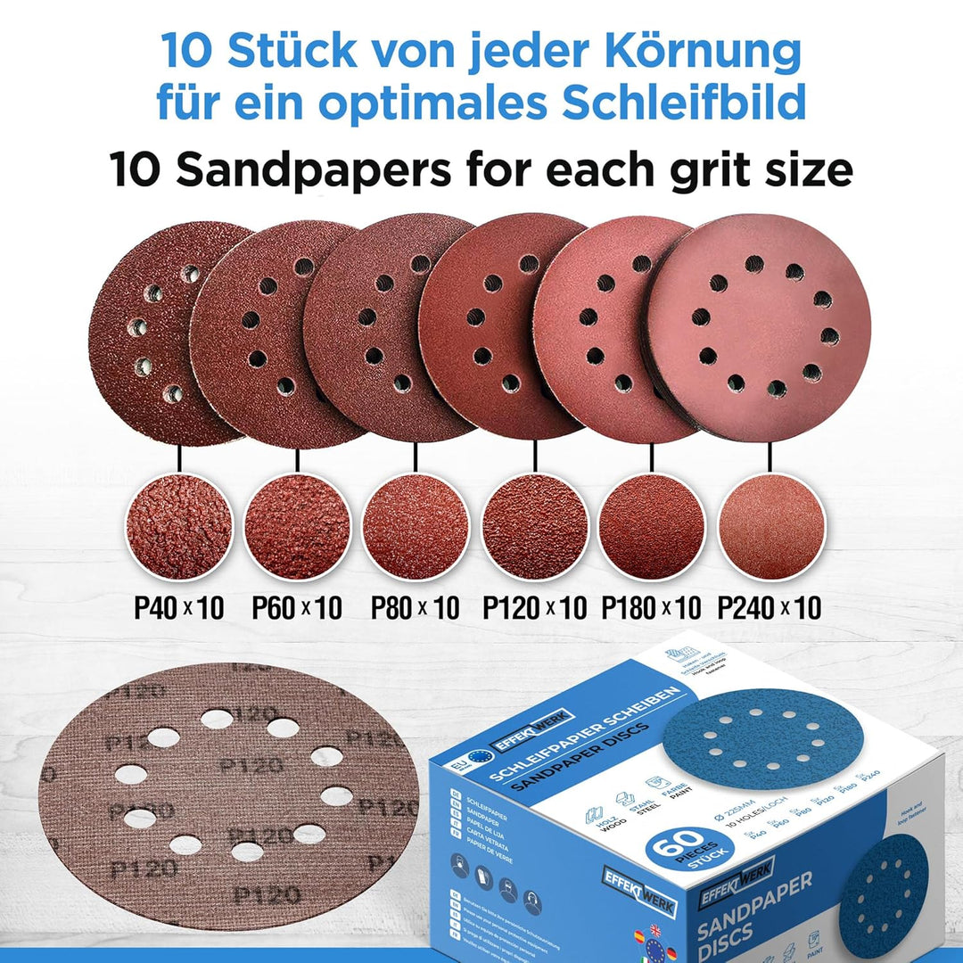 Effektwerk Schleifscheiben (60er-Pack, 10 Löcher), 225 mm Schleifpapier für Fein- und Grobschliff, v