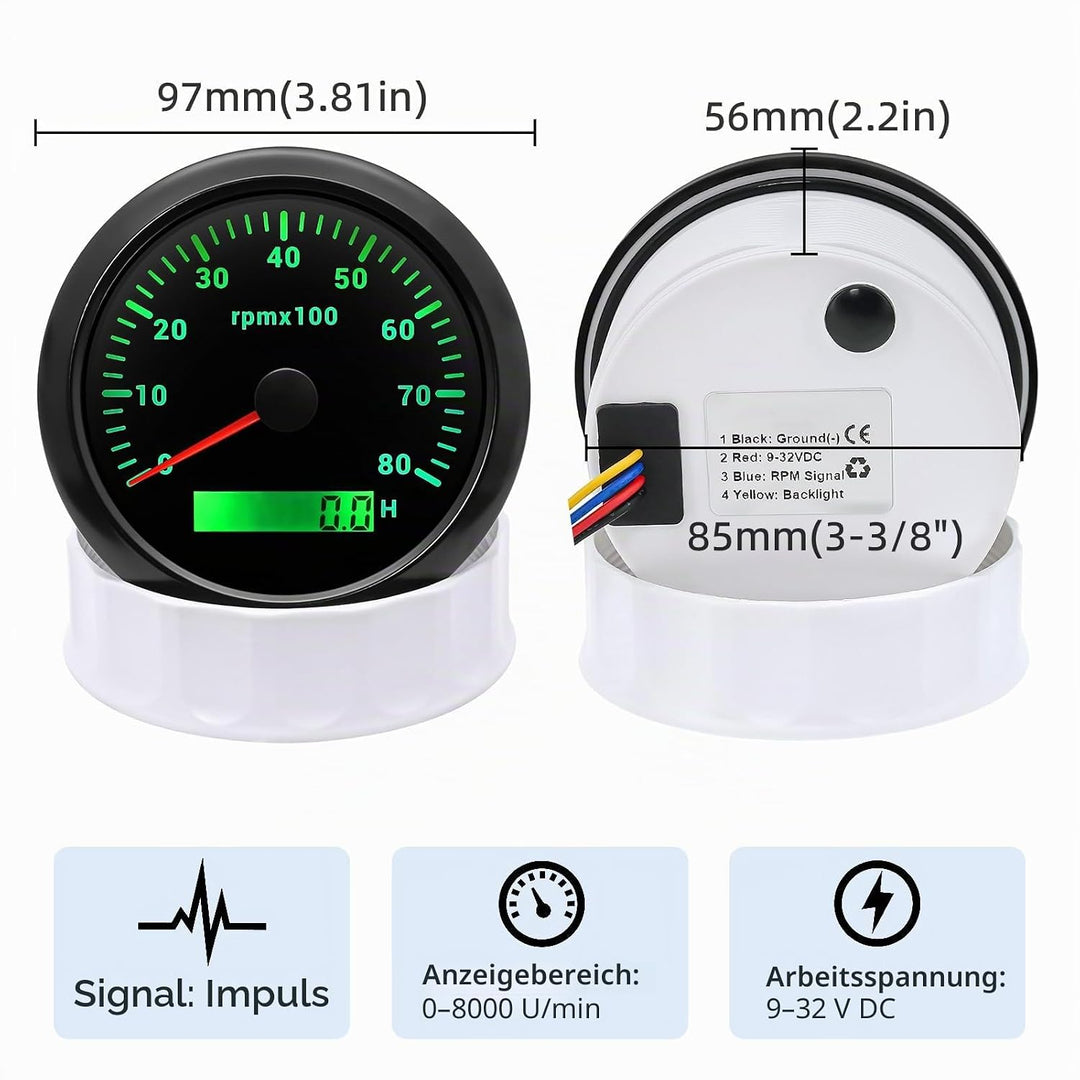 85mm Drehzahlmesser 0-8000RPM Wasserdichtes mit Betriebsstundenzähler 7 Farben Hintergrundbeleuchtun