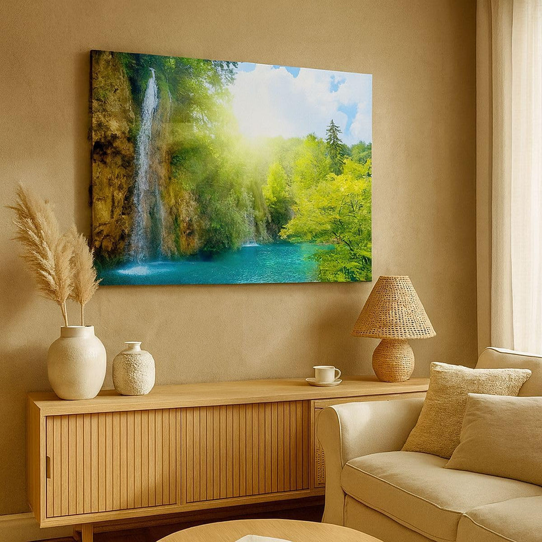 Bilder auf Leinwand 100x70cm Leinwandbild Wasserfall Forrest Himmel Gross Wanddeko Bild Schlafzimmer