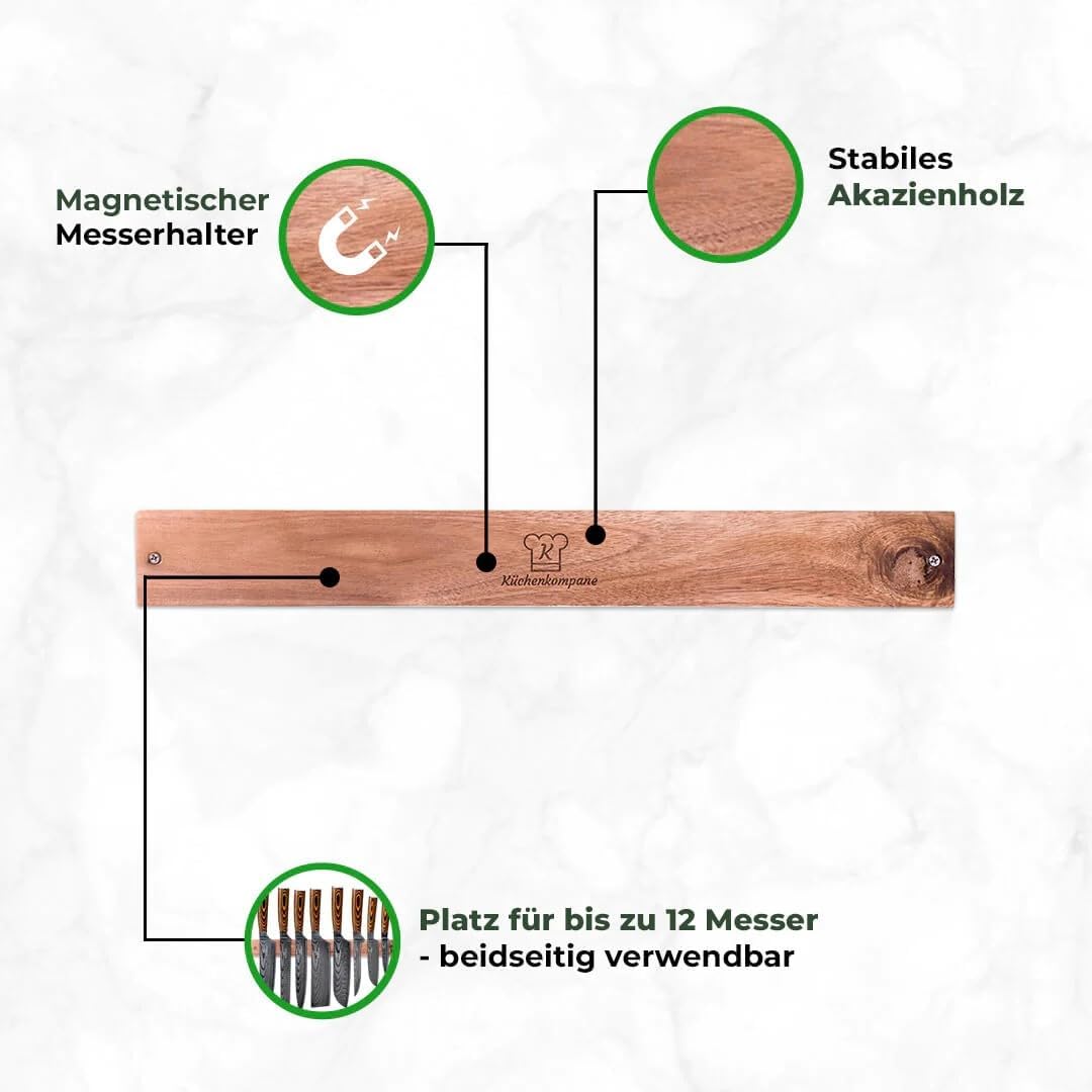 KÜCHENKOMPANE – Edelstahl Messerset Akarui mit magnetischer Messerleiste als Messerblock | 8-teilig