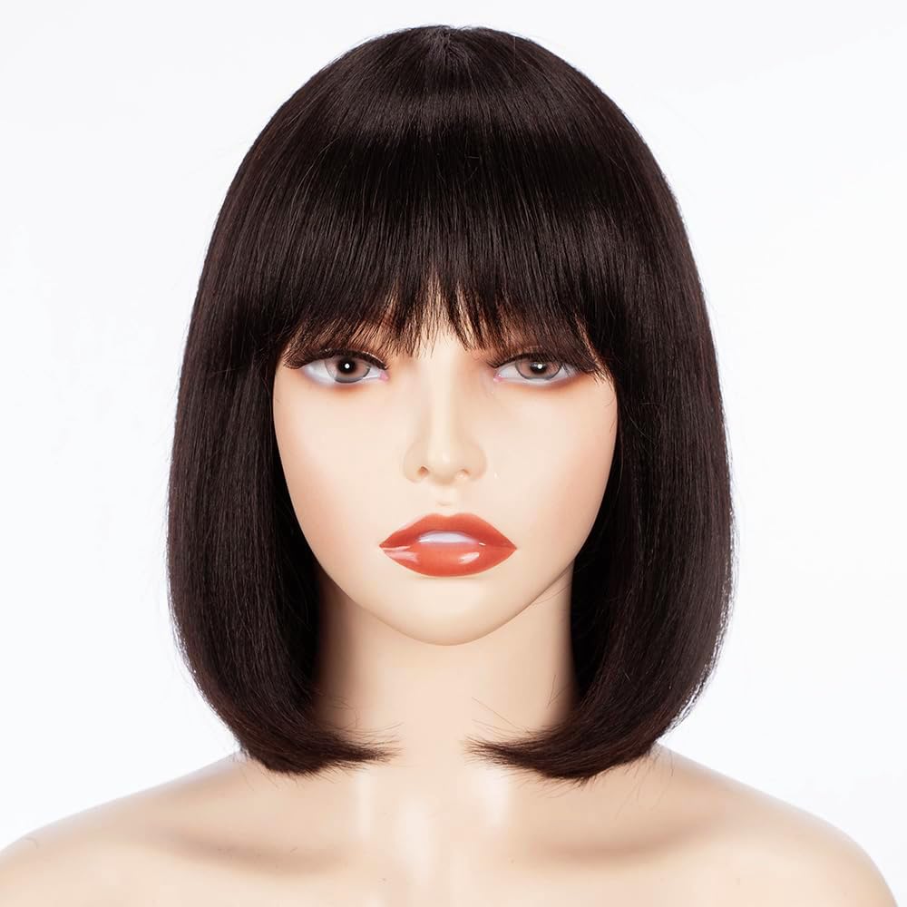 YEESHEDO Damen Dunkelbraun Kurze Bob Gerade Haar Perücken mit Pony Hitzebeständige Synthetische Bunt
