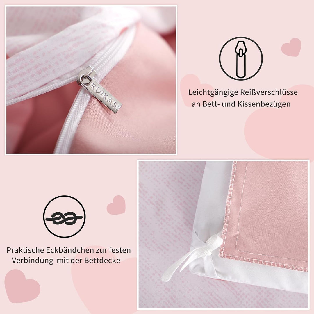 RUIKASI Bettwäsche 155x220 2 teilig Rosa - Bettbezug 155 x 220 Set mit Herzen, Bettwäsche-Sets 155x2