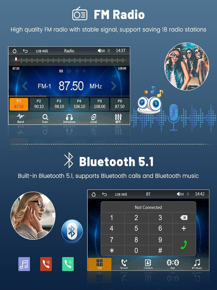Hikity 7 Zoll Autoradio 1 Din Bluetooth mit Android Auto Wireless Carplay Auto Radio Touch Display m