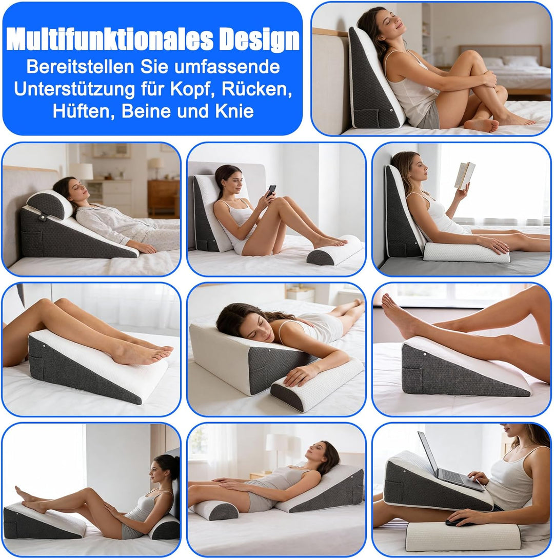 Keilkissen Bett, 3 Lagen mit Memory-Schaum Top, Weichem Kissen, Lesekissen für Bett und Couch, Schau