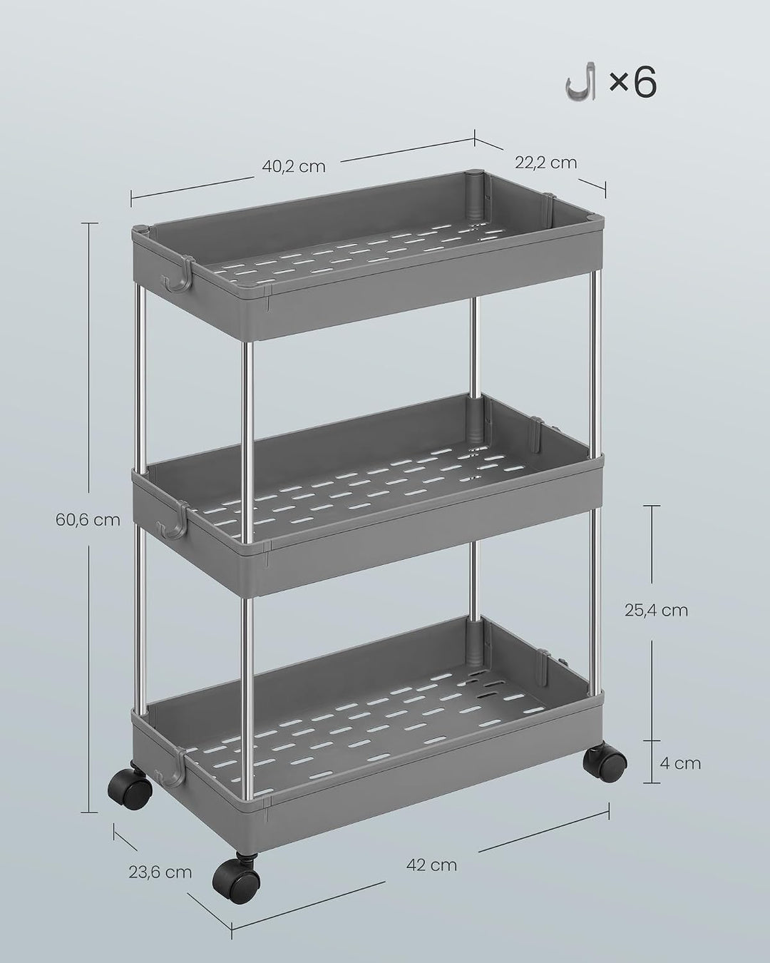 SONGMICS Rollwagen, Küchenwagen, Küchenregal, Nischenregal, mit 6 Haken, 360° drehbare Räder, Stahlg