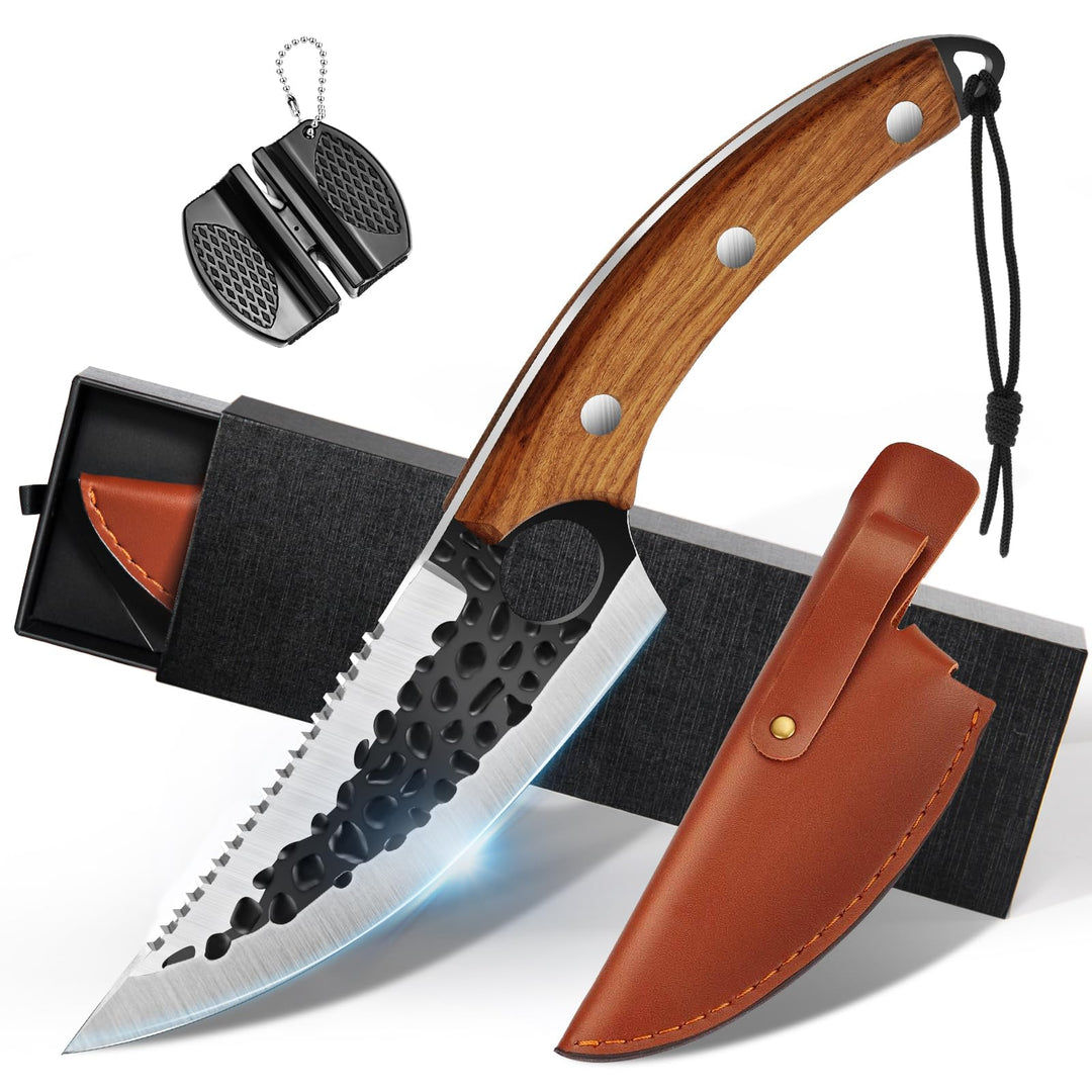 OOKUU Kochmesser Küchenmesser, Fleischerbeil Hackmesser mit Messerschärfer, Lederhülle, Ausbeinmesse