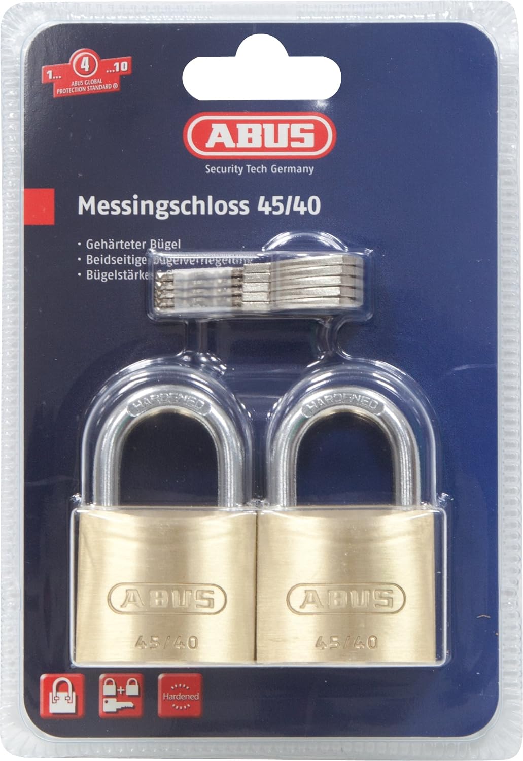 ABUS Vorhängeschloss 45/40 aus Messing - 4er Set - mit Präzisions-Stiftzylinder mit Pilzkopfstiften