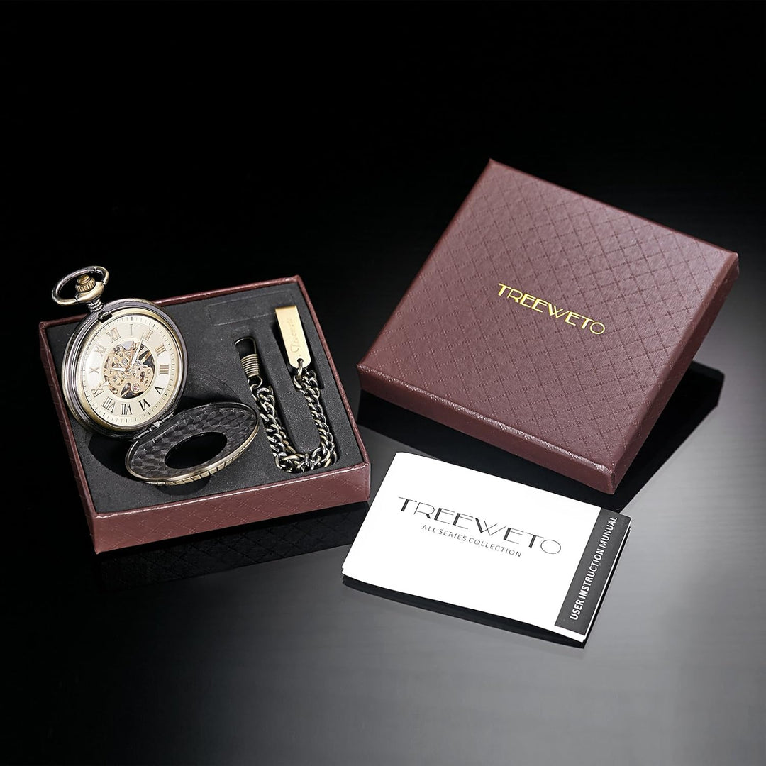 TREEWETO Unisex Holz Taschenuhr mit Kette Analog Handaufzug Skelett Römische Ziffern (Holz066)