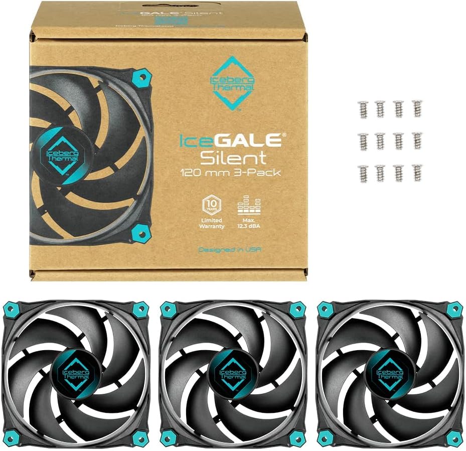 Iceberg Thermal IceGALE Silent 120mm Gehäuselüfter optimierter Airflow 3er-Pack, Schwarz, Silent