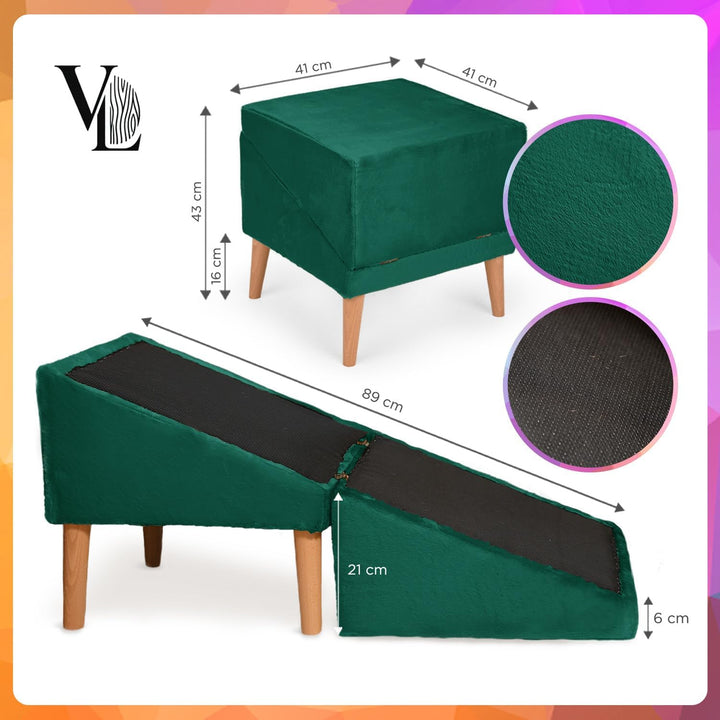 VELORA H&amp;L Hunderampe Dunkelgrün - 2in1 Hundetreppe und Sitzhocker, Klappbare Einstiegshilfe für Sof
