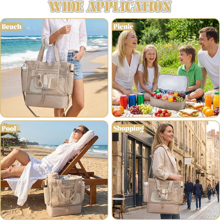 Strandtasche mit Kühlfach - Grosse Mesh Beach Bag wasserdicht mit Reissverschluss &amp; Fächern, Abnehmb