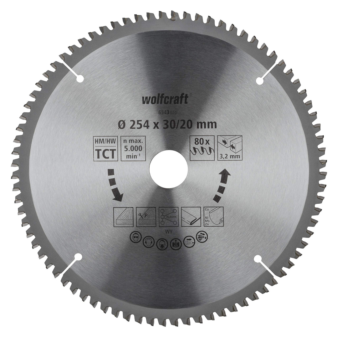 wolfcraft 6543000 Kapp- und Gehrungssägeblatt ø 254 mm - feine, saubere Schnitte ø 254 mm 80 Zähne,