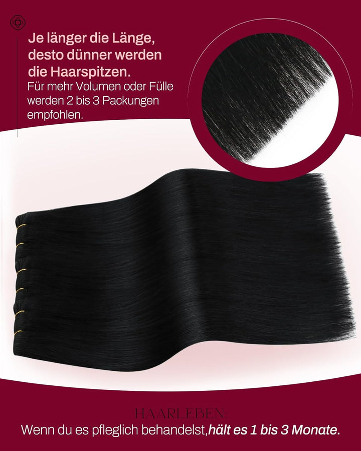 Moresoo Echthaar Tressen zum Einnähen Schwarz 60 cm Haarverlängerungen Echthaar Haartressen Natürlic