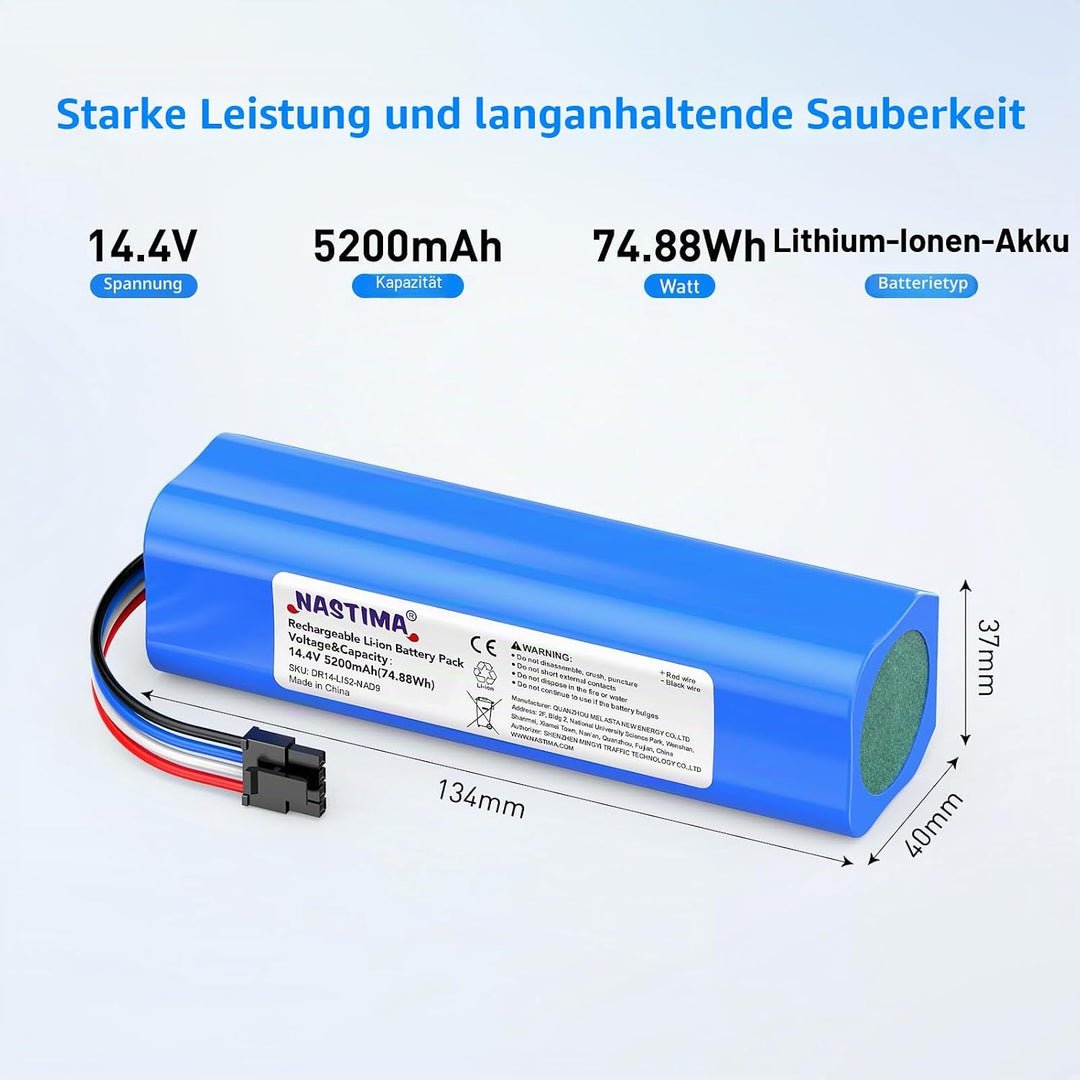 NASTIMA 14,4V 5200mAh Li-ion Ersatzakku für Dreame D9 F9 L10, Li-ion Akku für Dreame D9 Pro, D9 Max,
