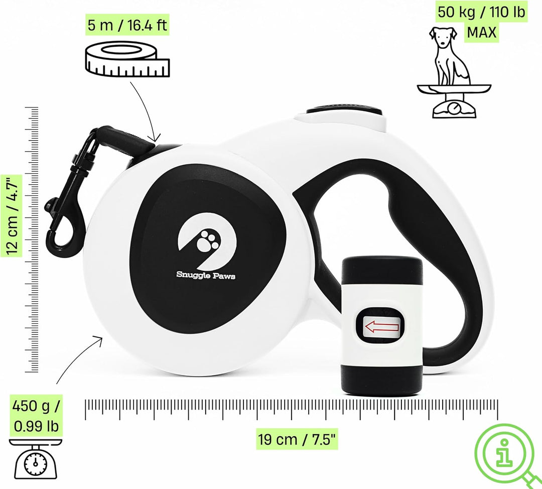 Snuggle Paws Hundeleine 5m Ausziehbar – Alles-in-Einem: Verbesserter LED-Lampe, Kotbeutelspender, An