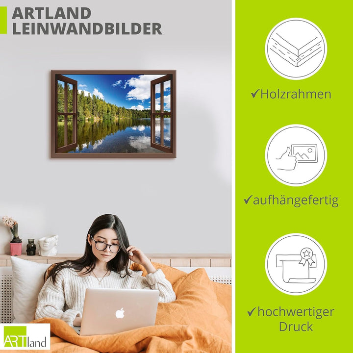ARTland Leinwandbilder Wandbild Bild Leinwand 100x70 cm Fensterblick Wald See Landschaft Norwegen Na