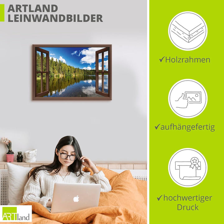 ARTland Leinwandbilder Wandbild Bild Leinwand 100x70 cm Fensterblick Wald See Landschaft Norwegen Na