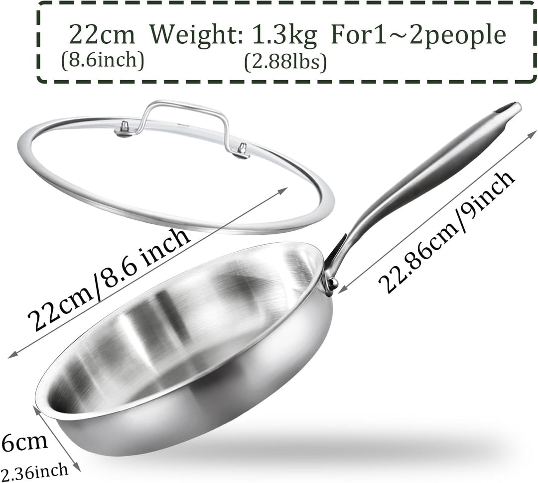 Dreilagige Edelstahl Bratpfanne mit Deckel 22cm,Edelstahlpfanne Unbeschichtet,Induktions Pfanne,Hoch
