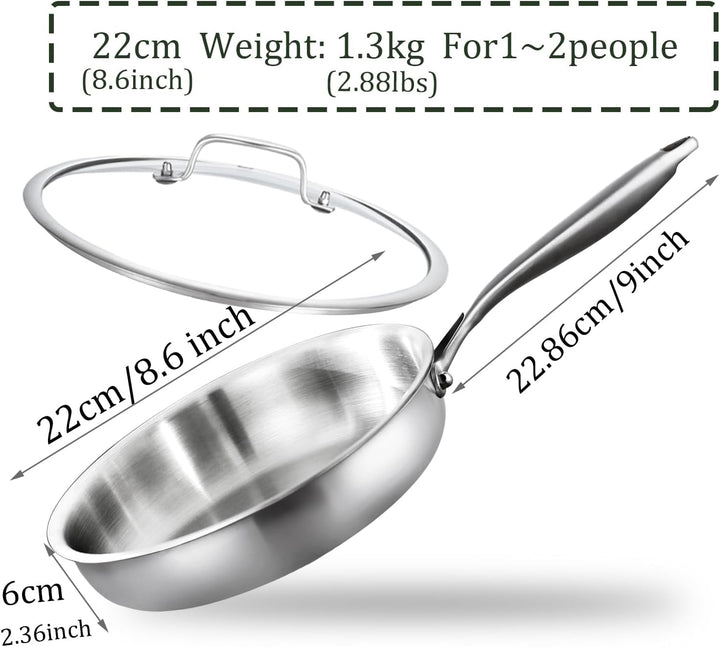 Dreilagige Edelstahl Bratpfanne mit Deckel 22cm,Edelstahlpfanne Unbeschichtet,Induktions Pfanne,Hoch