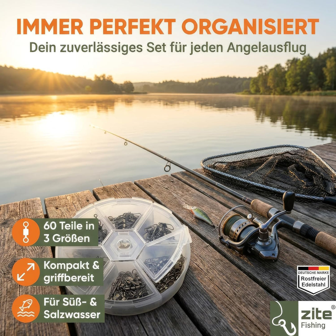 Zite Fishing Dreifach-Wirbel Sortiment 60 Stück - Inklusive praktischer Sortier-Box - Angelwirbel-Se