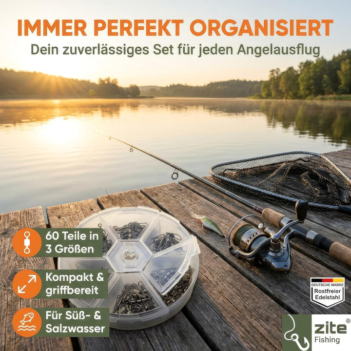 Zite Fishing Dreifach-Wirbel Sortiment 60 Stück - Inklusive praktischer Sortier-Box - Angelwirbel-Se
