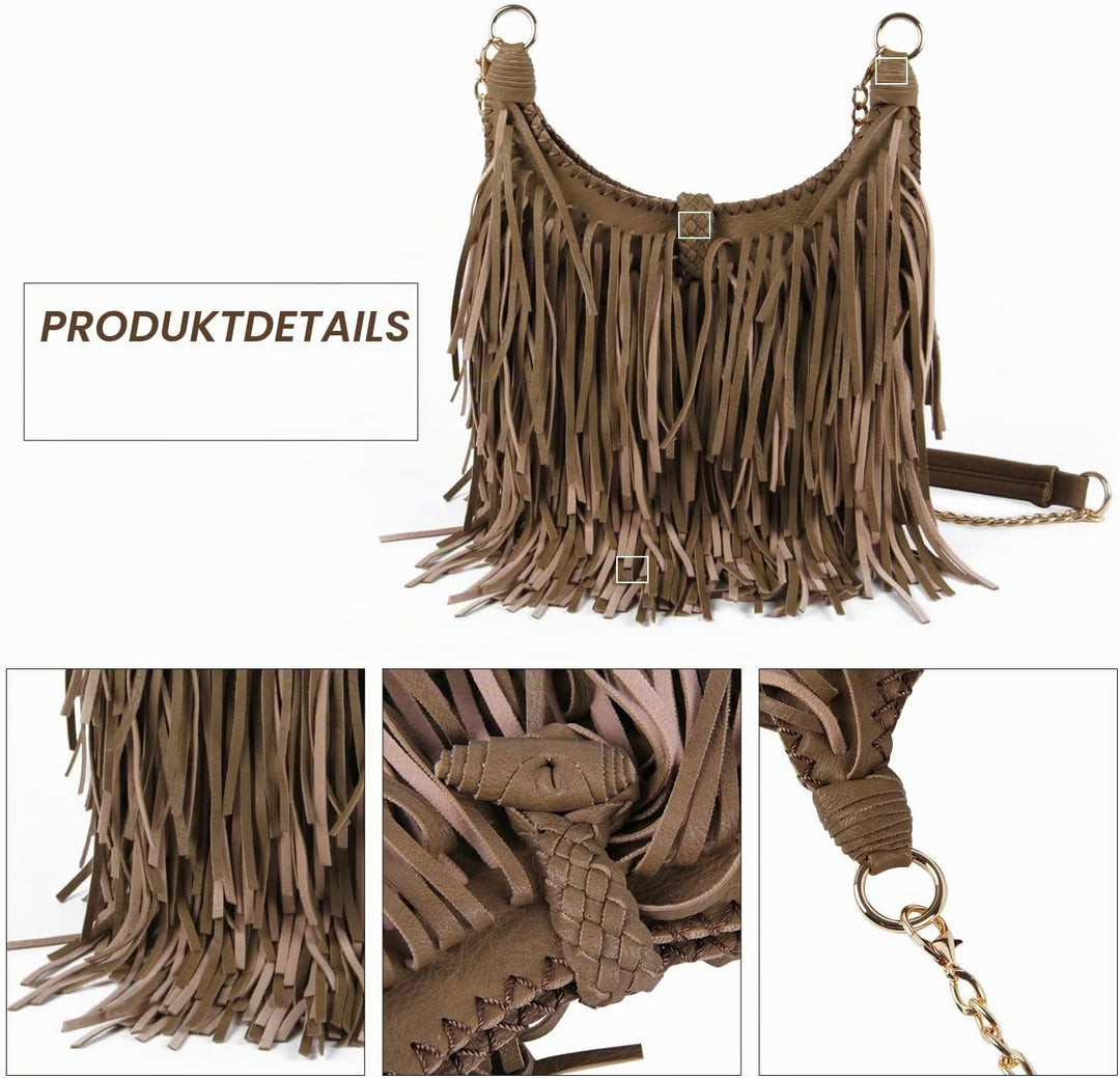 LUI SUI Damen handgefertigte Leder Franse Quaste Crossbody Hobo Schultertasche Umhängetaschen (Khaki
