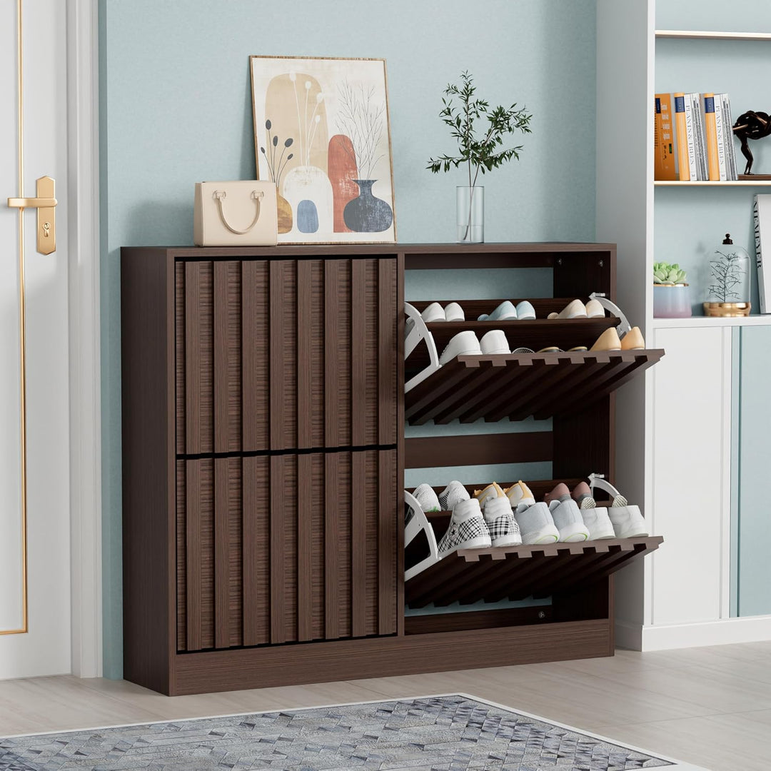 UEV Schuhschrank mit 4 Klappen Holz Schmal Schuhkipper Schuhkommode mit Kippschutz, Schuhaufbewahrun