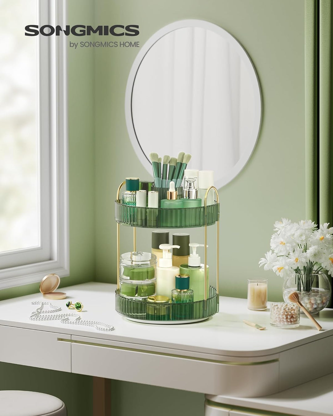 SONGMICS Make-up Organizer drehbar, Kosmetik-Organizer rund, 2 Ebenen, Kosmetik Aufbewahrung, anpass